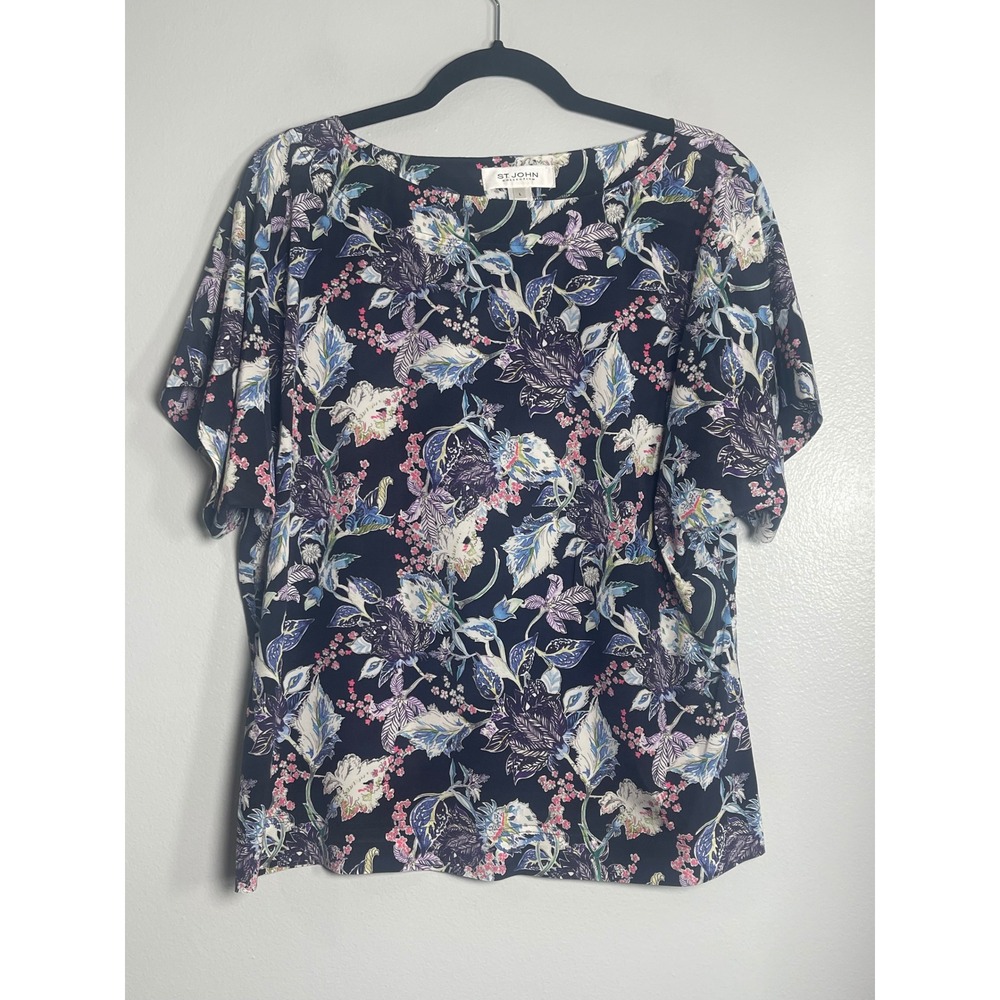 ST. JOHN COLLECTION Silk Short Sleeve Blouse Large Multicolor Designer Career
